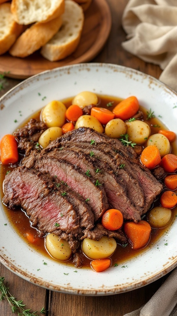 Tender Slow Cooker Pot Roast with carrots and potatoes, served on a rustic plate with broth.